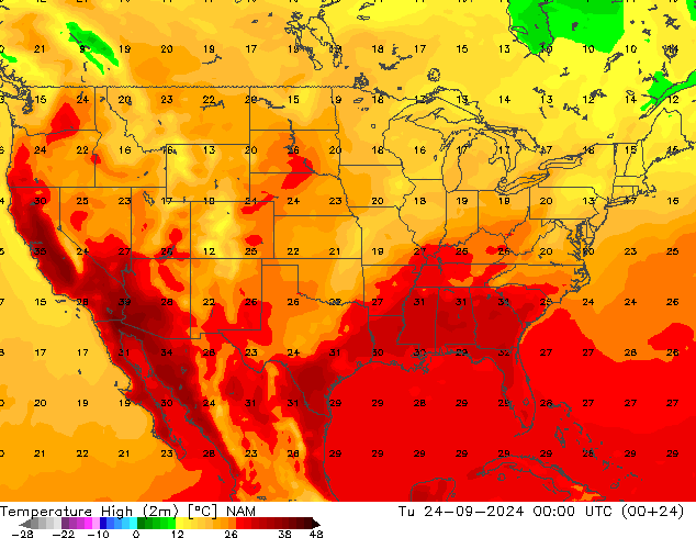 Temperatura máx. (2m) NAM mar 24.09.2024 00 UTC