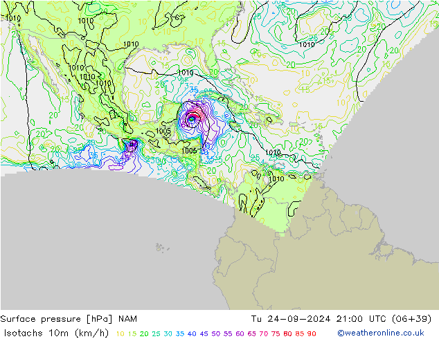 Isotaca (kph) NAM mar 24.09.2024 21 UTC