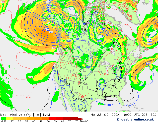 Max. wind snelheid NAM ma 23.09.2024 18 UTC