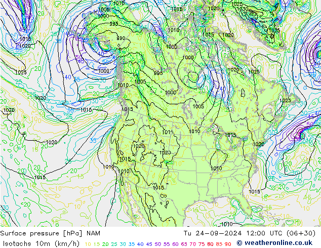 Isotachs (kph) NAM вт 24.09.2024 12 UTC