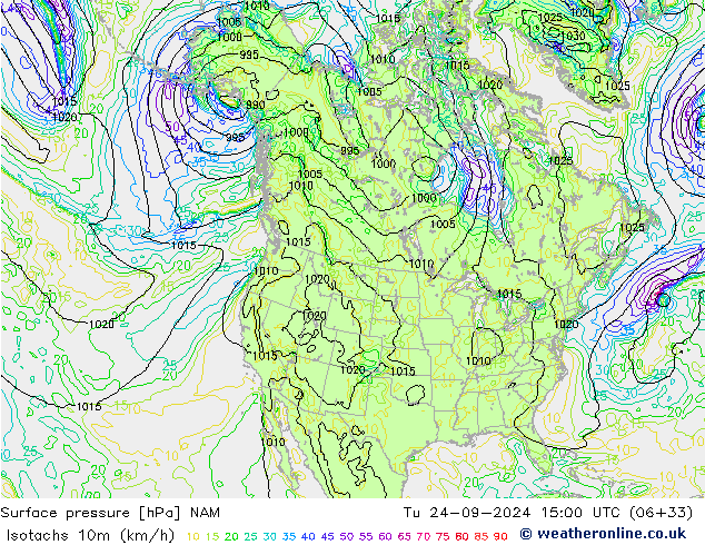 Isotachs (kph) NAM mar 24.09.2024 15 UTC