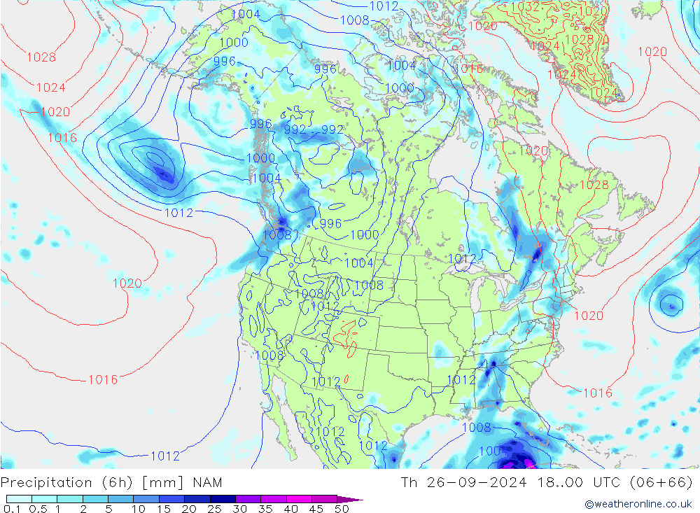 Precipitation (6h) NAM Čt 26.09.2024 00 UTC