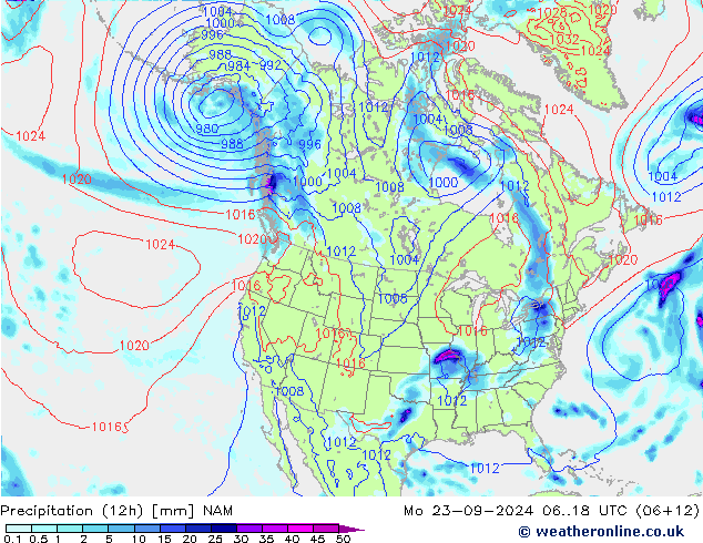 Totale neerslag (12h) NAM ma 23.09.2024 18 UTC