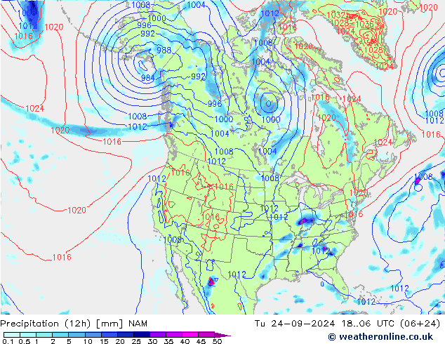 Precipitation (12h) NAM Tu 24.09.2024 06 UTC