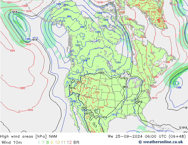 High wind areas NAM We 25.09.2024 06 UTC