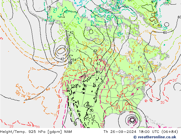 Height/Temp. 925 гПа NAM чт 26.09.2024 18 UTC