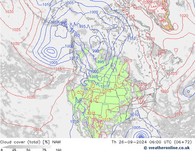 Nubi (totali) NAM gio 26.09.2024 06 UTC