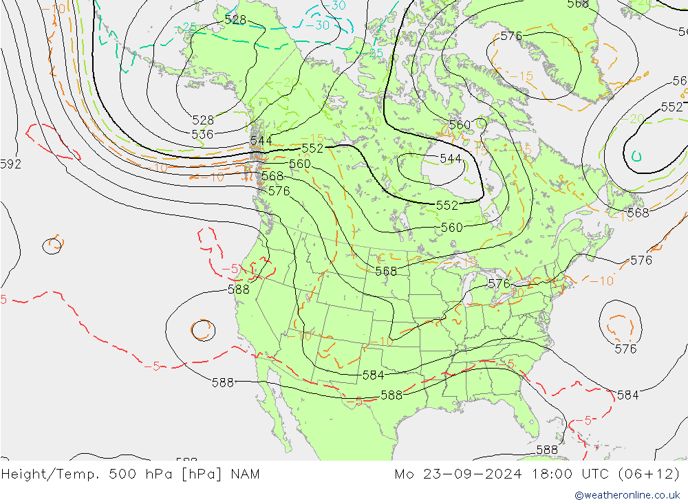 Height/Temp. 500 hPa NAM Mo 23.09.2024 18 UTC