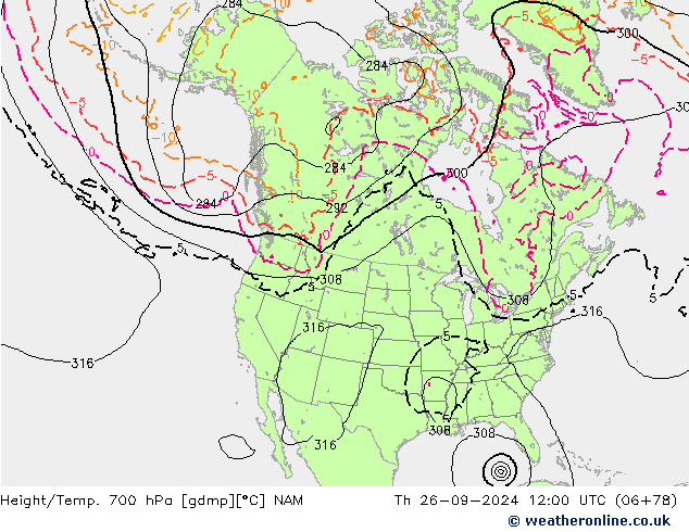 Height/Temp. 700 гПа NAM чт 26.09.2024 12 UTC