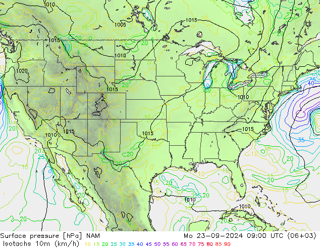 Isotachs (kph) NAM Seg 23.09.2024 09 UTC