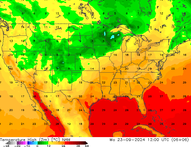 Nejvyšší teplota (2m) NAM Po 23.09.2024 12 UTC
