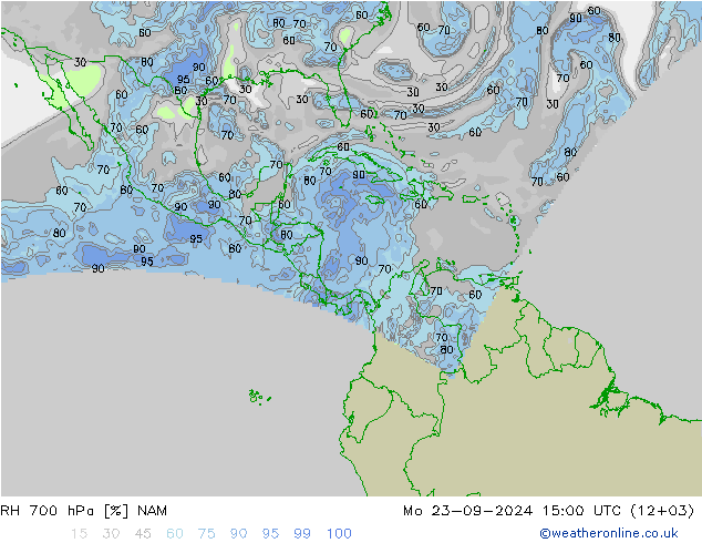 Humedad rel. 700hPa NAM lun 23.09.2024 15 UTC