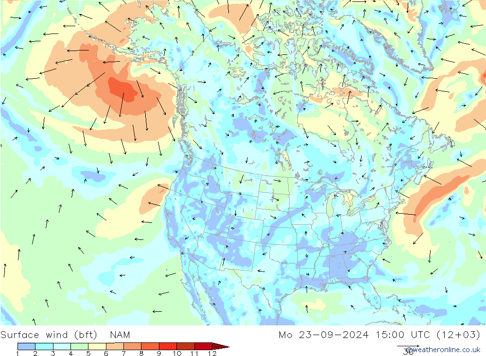 Wind 10 m (bft) NAM ma 23.09.2024 15 UTC