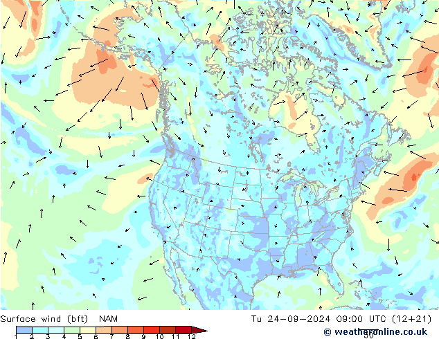  10 m (bft) NAM  24.09.2024 09 UTC