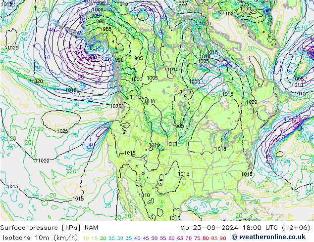 Izotacha (km/godz) NAM pon. 23.09.2024 18 UTC