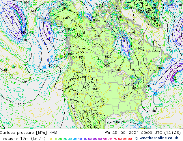 Isotachs (kph) NAM  25.09.2024 00 UTC