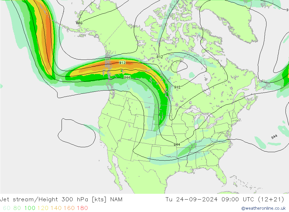 Jet stream/Height 300 hPa NAM Tu 24.09.2024 09 UTC