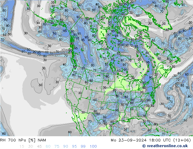 Humidité rel. 700 hPa NAM lun 23.09.2024 18 UTC