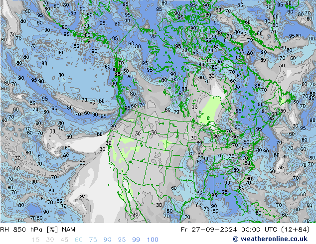 RH 850 гПа NAM пт 27.09.2024 00 UTC