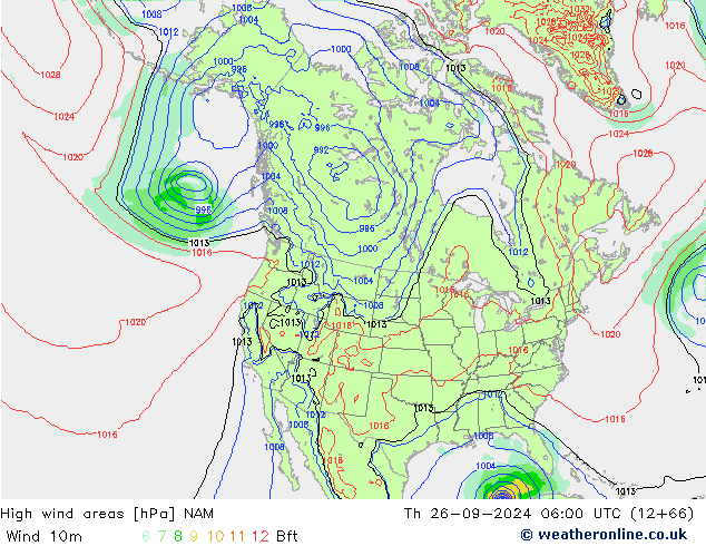 High wind areas NAM jeu 26.09.2024 06 UTC