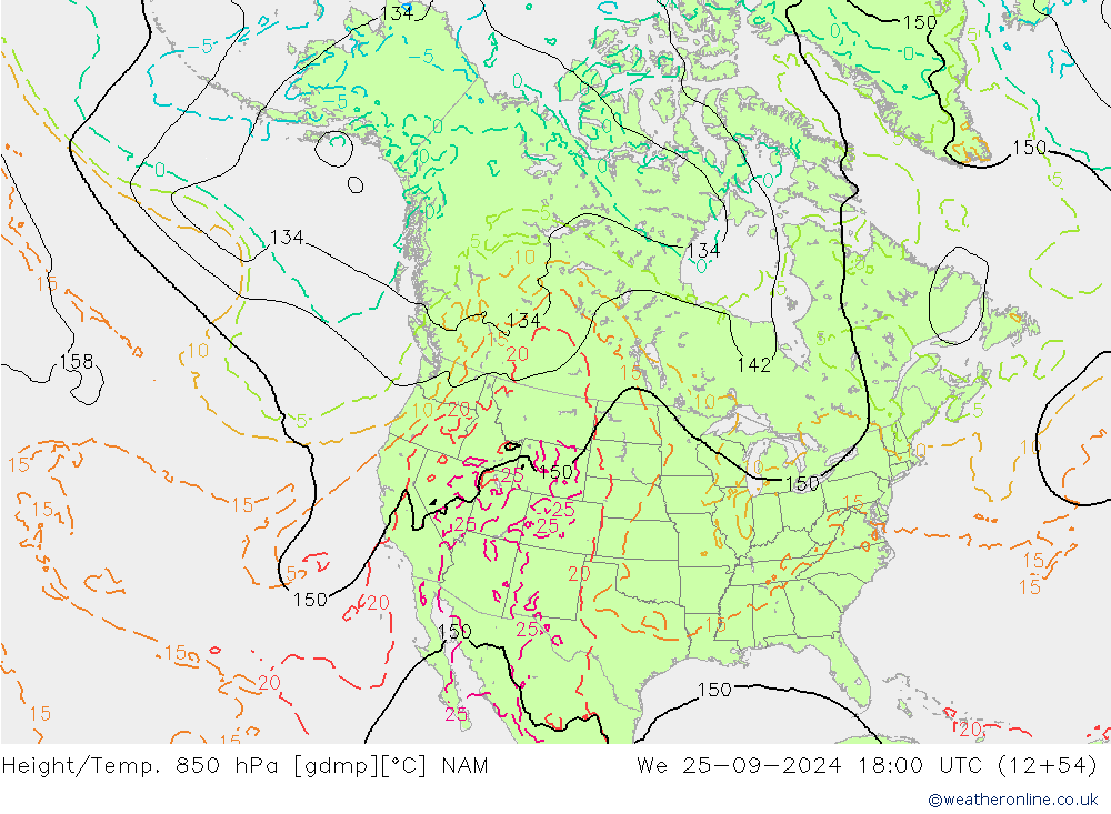 Height/Temp. 850 hPa NAM mer 25.09.2024 18 UTC