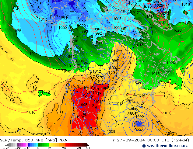 SLP/Temp. 850 hPa NAM vr 27.09.2024 00 UTC