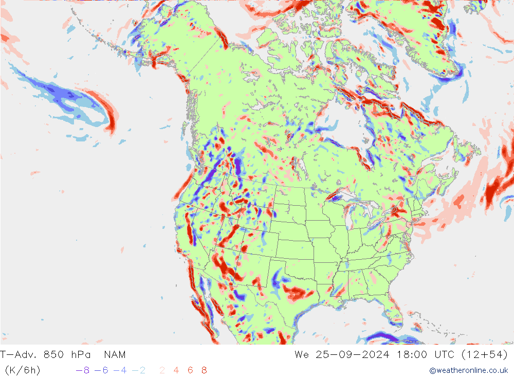 T-Adv. 850 hPa NAM We 25.09.2024 18 UTC