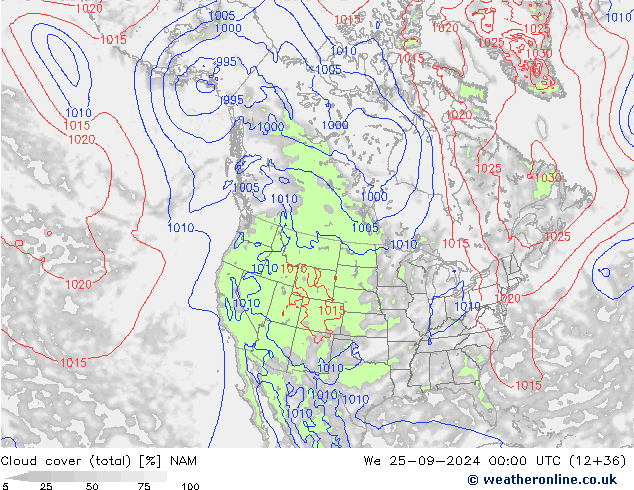 Nubi (totali) NAM mer 25.09.2024 00 UTC