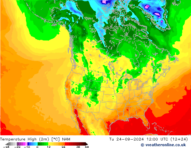 Max. Temperatura (2m) NAM wto. 24.09.2024 12 UTC