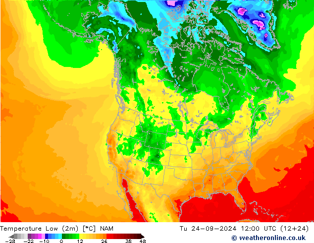 Temperature Low (2m) NAM Tu 24.09.2024 12 UTC