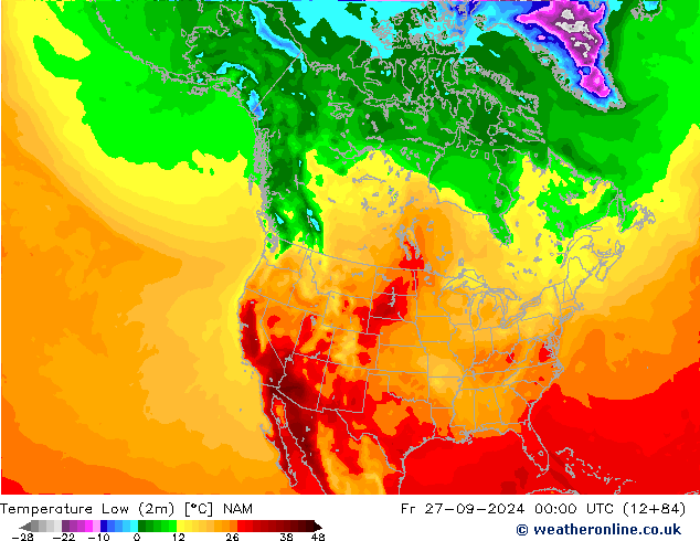 Min.temperatuur (2m) NAM vr 27.09.2024 00 UTC