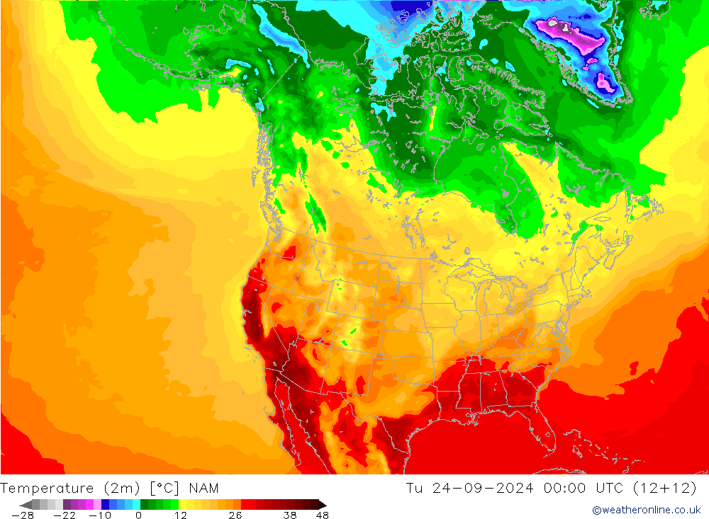 mapa temperatury (2m) NAM wto. 24.09.2024 00 UTC