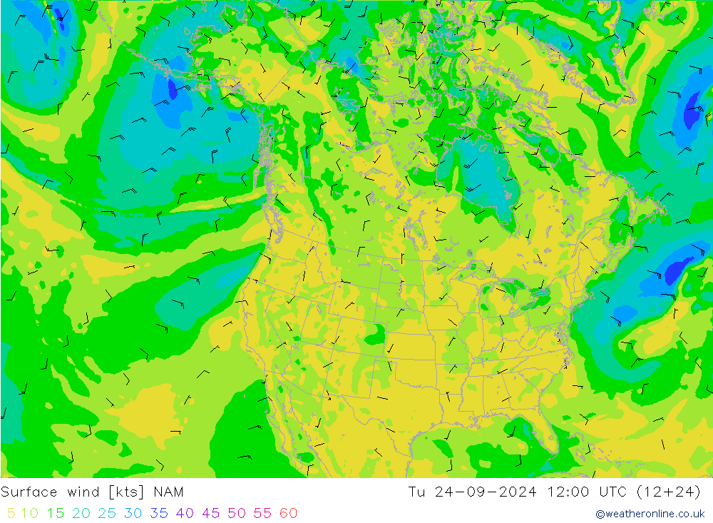 wiatr 10 m NAM wto. 24.09.2024 12 UTC