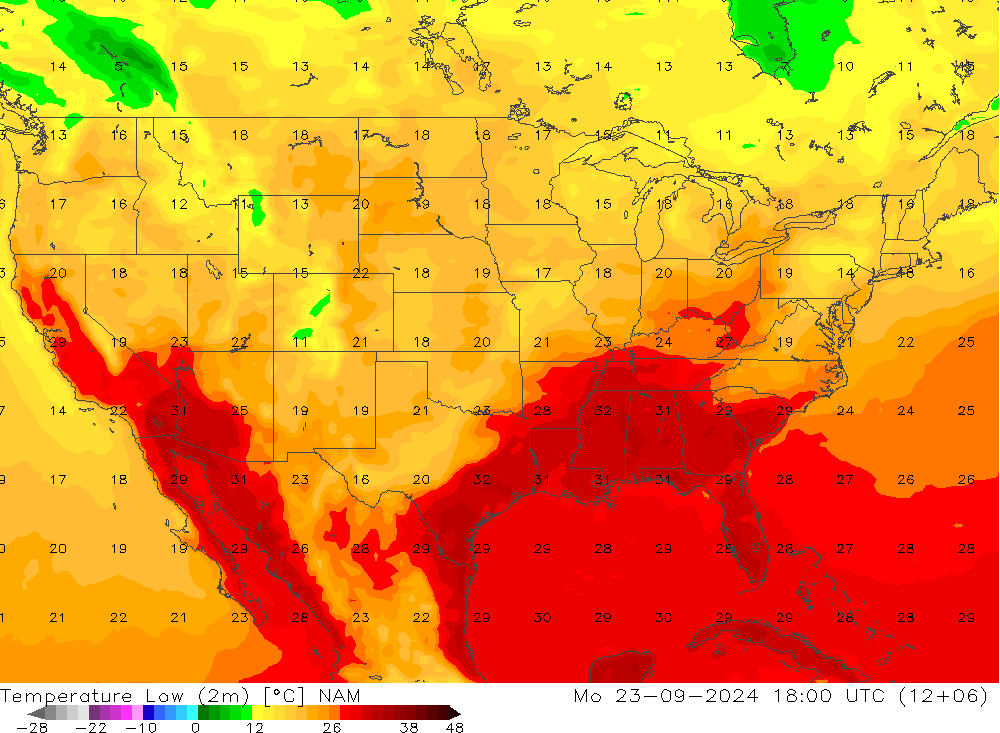 Temp. minima (2m) NAM lun 23.09.2024 18 UTC