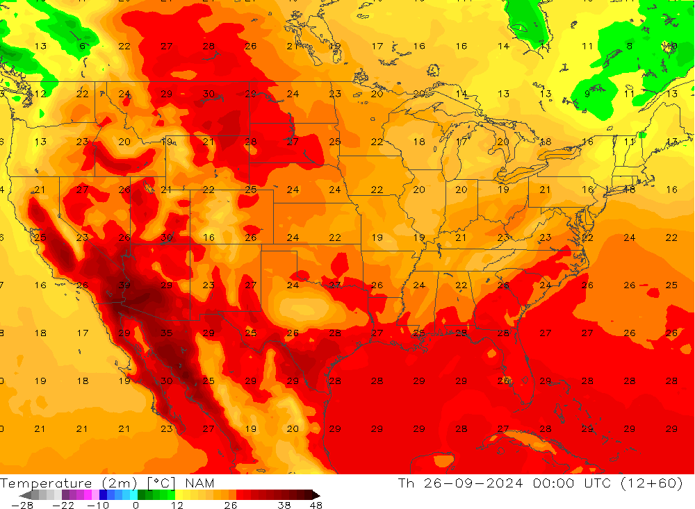 Temperatura (2m) NAM jue 26.09.2024 00 UTC