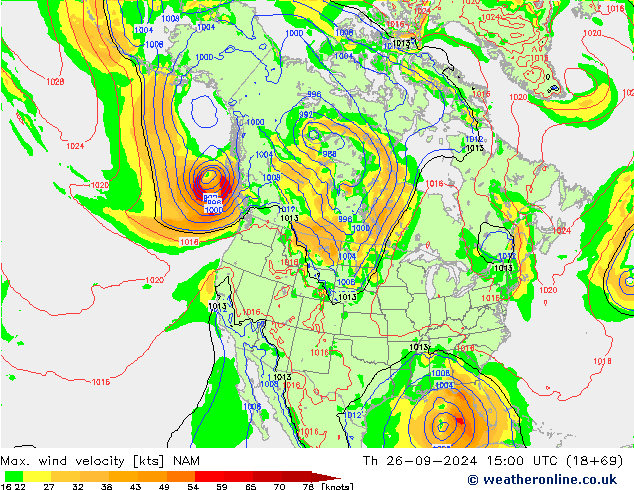 Max. wind velocity NAM Th 26.09.2024 15 UTC