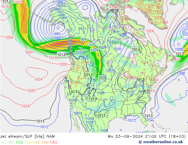 Jet stream/SLP NAM Mo 23.09.2024 21 UTC