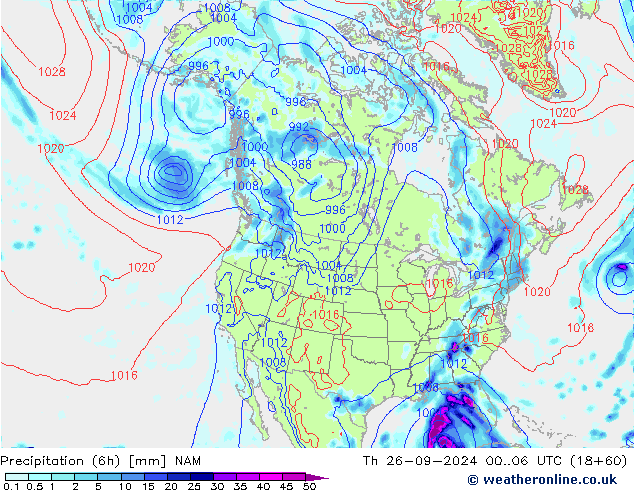 Precipitation (6h) NAM Čt 26.09.2024 06 UTC