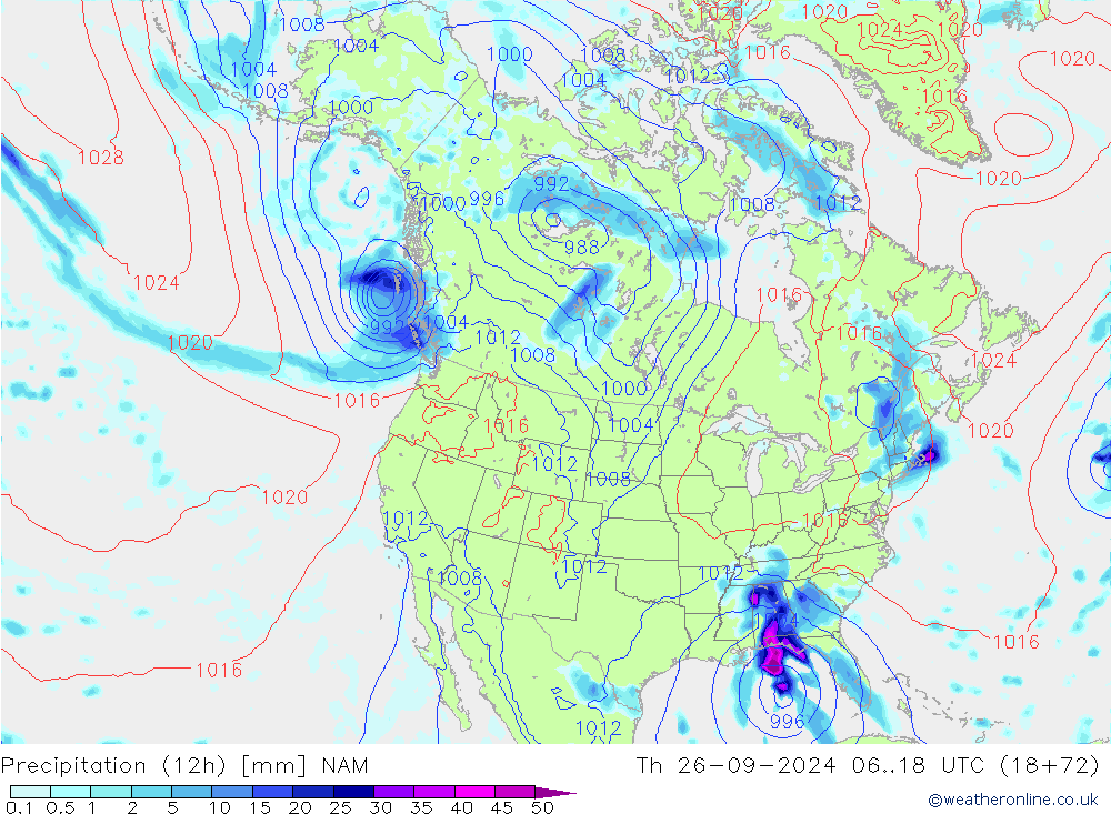 Precipitation (12h) NAM Th 26.09.2024 18 UTC