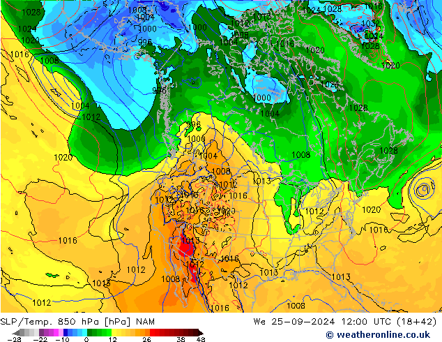 SLP/Temp. 850 hPa NAM śro. 25.09.2024 12 UTC