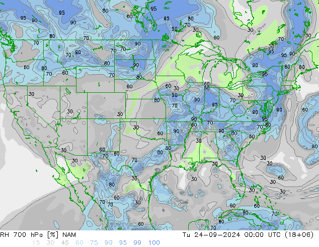 RH 700 hPa NAM Di 24.09.2024 00 UTC