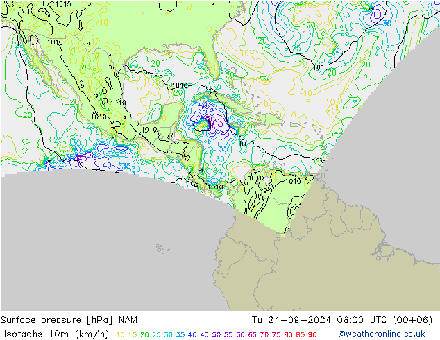 Isotachs (kph) NAM вт 24.09.2024 06 UTC