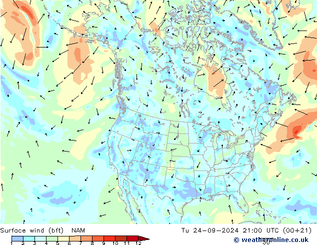 Wind 10 m (bft) NAM di 24.09.2024 21 UTC