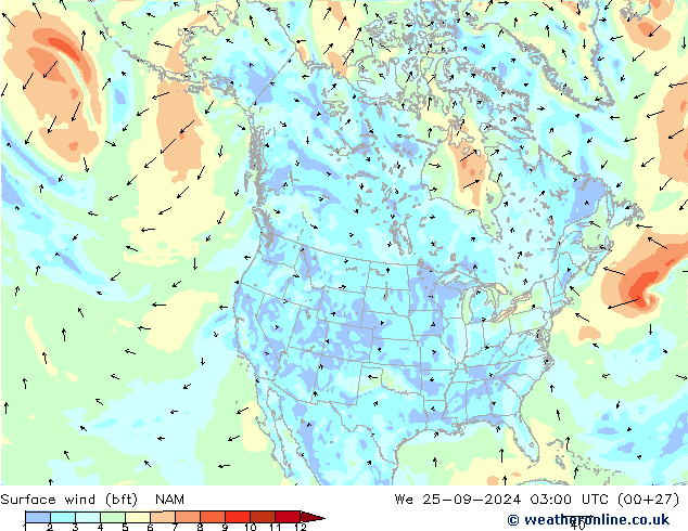 Vent 10 m (bft) NAM mer 25.09.2024 03 UTC