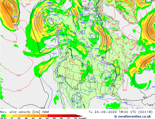 Max. wind velocity NAM Tu 24.09.2024 18 UTC