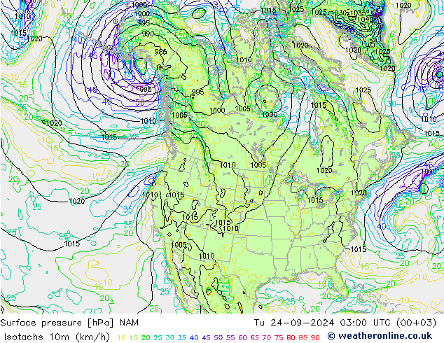 Isotachs (kph) NAM  24.09.2024 03 UTC