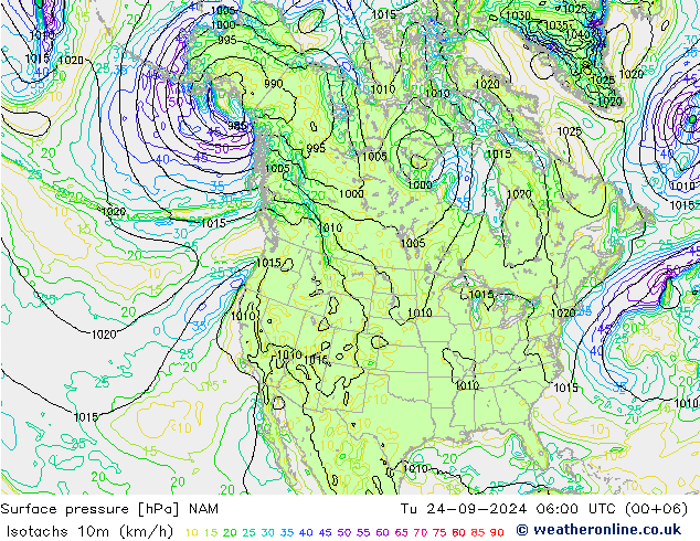 Isotachs (kph) NAM Tu 24.09.2024 06 UTC