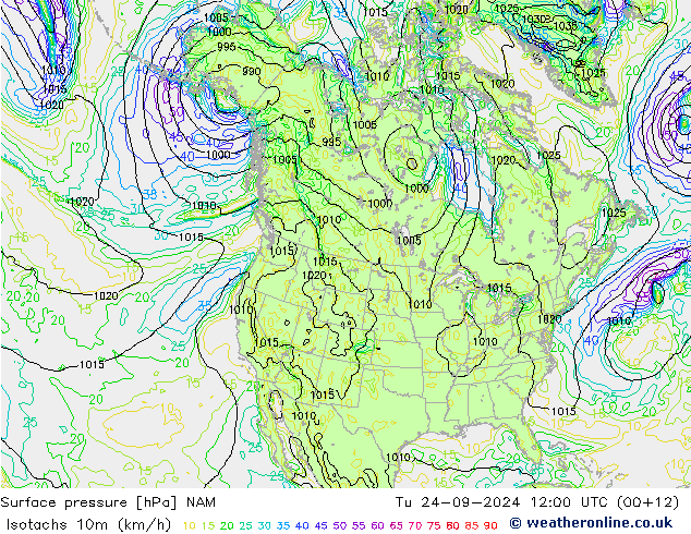 Isotachs (kph) NAM mar 24.09.2024 12 UTC