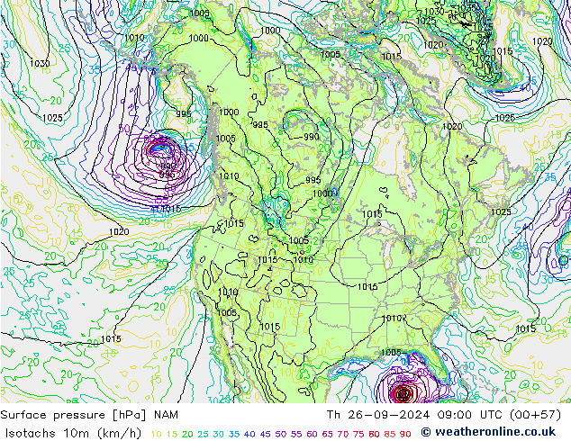 Isotachen (km/h) NAM do 26.09.2024 09 UTC