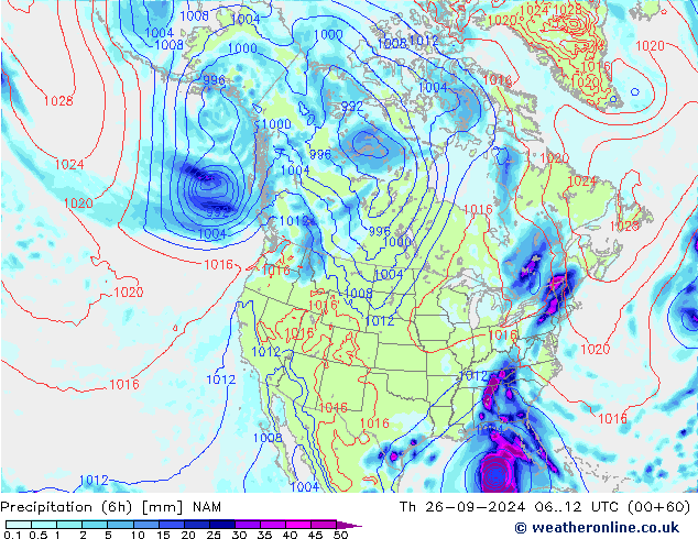 Precipitation (6h) NAM Čt 26.09.2024 12 UTC